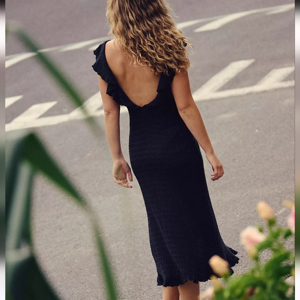 Free People Twisted Game Midi Dress Ruffle Neck Stretch Low Back Slit - Picture 2 of 8